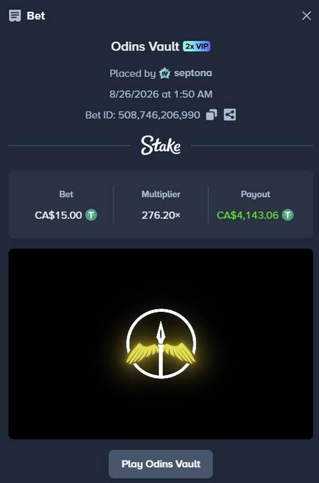 A screenshot of a Stake.com betting slip for the "Odins Vault" game showing user "septona" won CA$4,143.06 on a CA$15.00 bet with a 276.20× payout on 8/26/2026, accompanied by a tweet celebrating the big win and offering to double the giveaway.