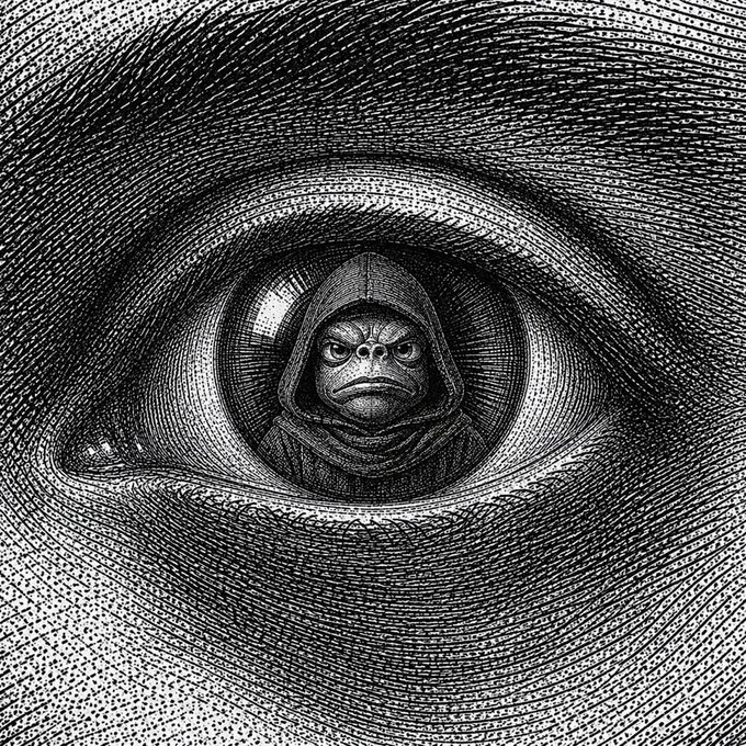 The image features an eye with a monkey inside of it, which has been described as a "monkey" or a "monk". The monkey appears to be wearing a hoodie, giving it a more human-like appearance. The eye is black and white, adding a sense of depth and contrast to the scene. The image also includes text that reads "@APEPE_MEME", which could possibly be a reference to the creator or the post itself.
