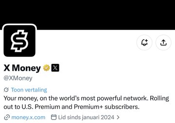 A Twitter/X profile for 'X Money' (@Xmoney) marked as 'Toon vertaling', with the bio 'Your money, on the world's most powerful network. Rolling out to U.S. Premium and Premium+ subscribers.' and a link to money.x.com with the text 'Lid sinds januari 2024'.