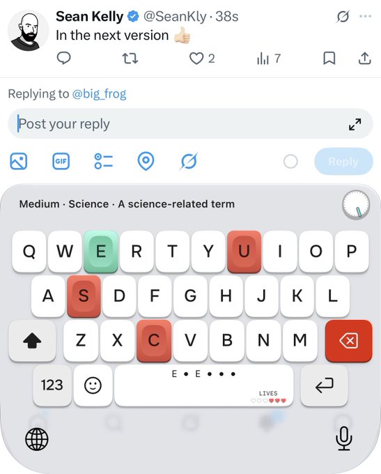 A Twitter reply from Sean Kelly (@SeanKly) says 'In the next version', with an open reply box showing a keyboard featuring a science-related term game.