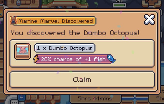 A pixel art game notification titled 'Marine Marvel Discovered' announces the discovery of a 'Dumbo Octopus' with a '20% chance of +1 Fish' reward and a Claim button.