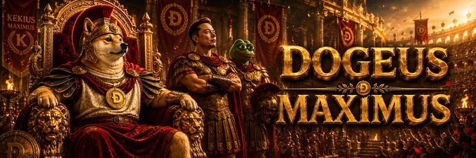 The image features a banner for the video game "DOGEUS MAXIMUS" with a man dressed as a Roman emperor sitting on a throne, surrounded by other people. The title of the game is displayed at the top of the banner in large letters.