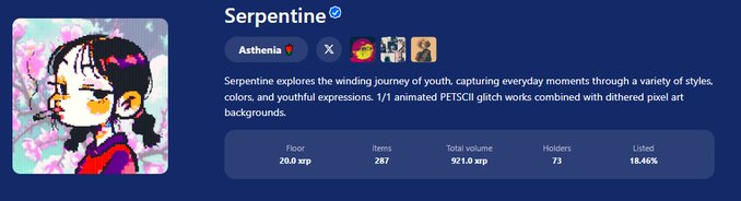 A profile page for a digital art collection called "Serpentine," featuring an animated pixel-art girl with face markings, showing stats: Floor 28.0 xp, Items 287, Total volume 921.0 xp, Holders 73, and Listed 18.46%.