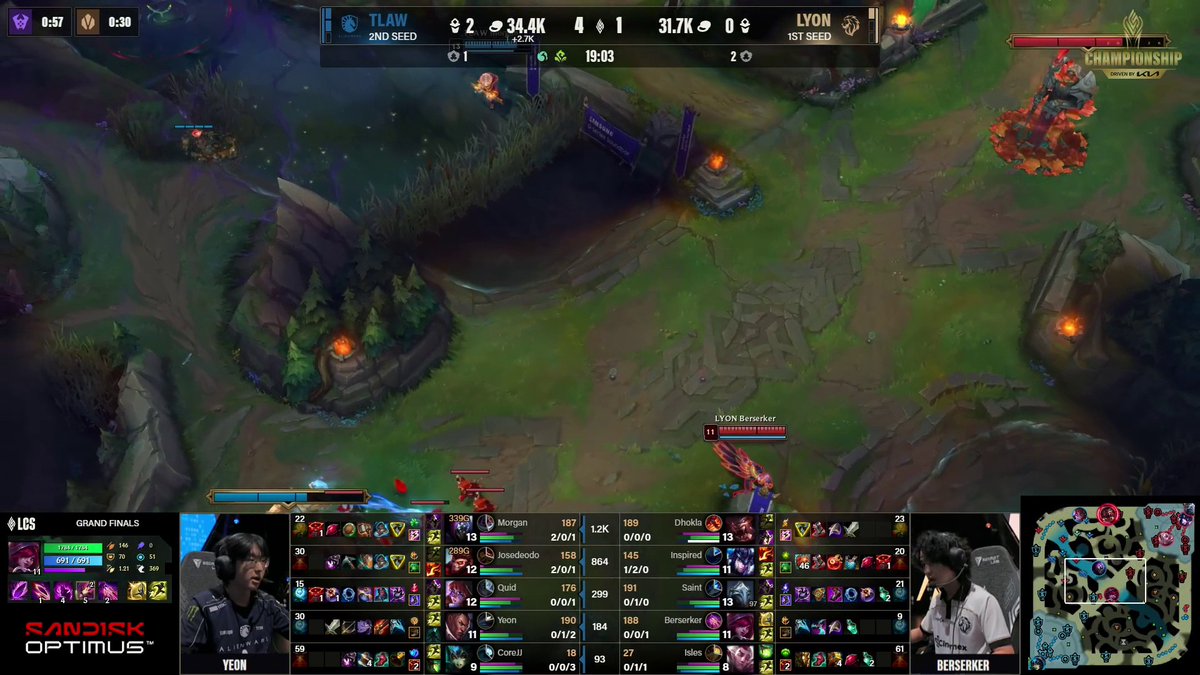 The image shows a League of Legends LSC Grand Finals match between TLAW and LYON at 19:03, with TLAW leading 34.4K gold and 4 kills to LYON's 31.7K gold and 1 kill, highlighting players like Morgan, RoadRollo, Dhoada, Inspired, Saint, Yoon, Bernerker, Hans, Consu, and Islam with a focus on the bottom lane skirmish near the dragon pit. The caption "You're not trapping TLAW, they're trapping you" reflects the in-game positioning where TLAW appears to be baiting LYON into an unfavorable engagement around the jungle terrain.