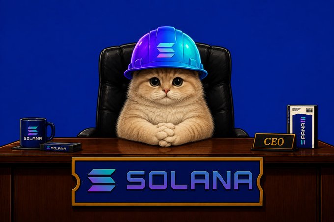 An adorable orange cat wearing a Solana-branded hard hat sits in a CEO's office chair behind a desk displaying "SOLANA," a "CEO" nameplate, and a Solana mug—positioning the cat as the unofficial "CEO" of $SOLCAT, the Solana counterpart to $CASHCAT and $BASECAT.