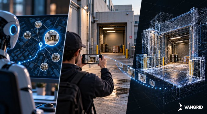 Image 10: A three-panel promotional image for VANGRID showing a humanoid robot looking at a digital map on the left, a person using a smartphone to scan a physical loading dock in the center, and a 3D point cloud digital twin of the dock on the right, connected by glowing blue paths.