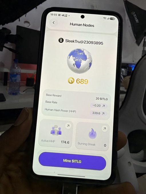 A hand holds a smartphone displaying a "Human Nodes" mining dashboard with the username "SleekTru@23093895," showing 689 ITLG mined, an active HHP of 174.6, and a base reward of 20 $ITLG. The image directly illustrates the post's claim of mining 689 tokens, with the "Mine $ITLG" button visible at the bottom.