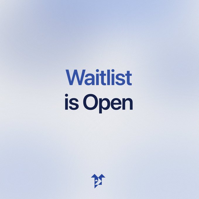 The image displays the text "Waitlist is Open" on a light blue gradient background, accompanied by a small upward arrow logo at the bottom. It appears to be a promotional graphic indicating that a waitlist has opened, possibly tied to the $50 giveaway post requesting engagement.