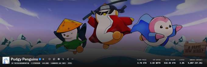 The image shows the "Pudgy Penguins" NFT collection website banner featuring three cartoon penguin characters—one in a ninja-like pose with an orange hat, one in sunglasses holding nunchucks, and one in a pink and blue outfit—flying across an arctic landscape, with the site's logo "PUDGY PENGUINS by THE LILICO CREATURES" displayed in the bottom left and stats showing a floor price of 3.79 ETH. The accompanying post uses this as an example to highlight the disconnect between Pudgy Penguins' real-world partnerships and product announcements and their stagnant floor price, illustrating broader struggles with NFT liquidity in 2026.