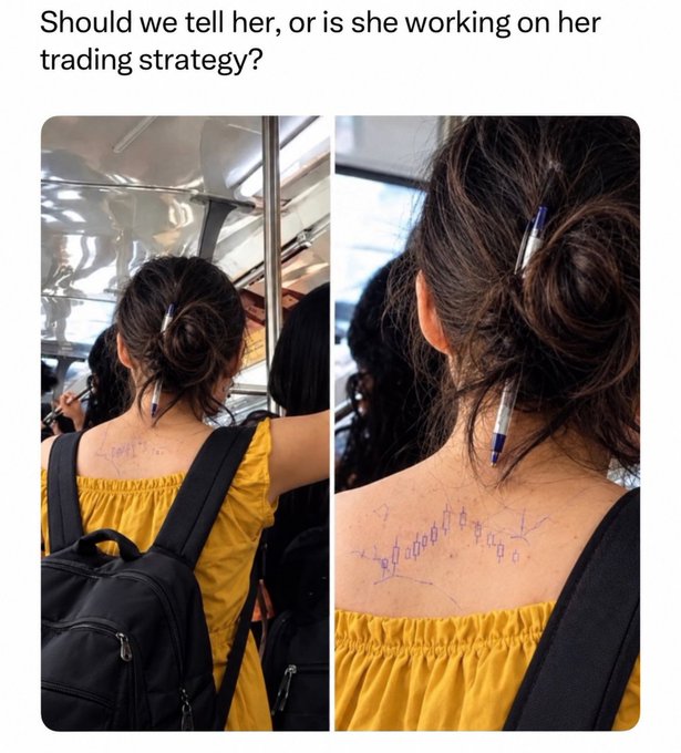 A woman on public transit has trading candlestick charts and numbers drawn on her bare upper back, with a pen tucked into her messy bun as she appears to be tracking or strategizing trades in real time—matching the smug, knowing tone of the "(¬‿¬ )" caption.