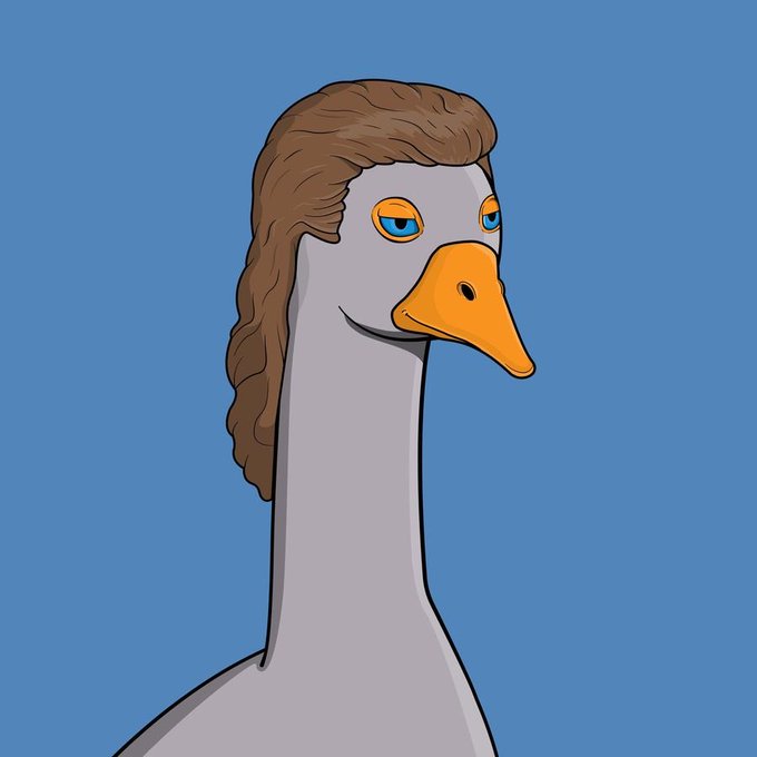 A digital illustration of a goose with a styled mullet-like haircut on a blue background, resembling the PsyOp 'Nordic Gamer' meme.