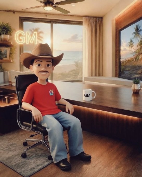 Stylized 3D cartoon image of a smiling cowboy-hatted character in a red shirt sitting in a luxurious ocean-view office with 'GM' (Good Morning) neon signage and a GM mug on the desk.