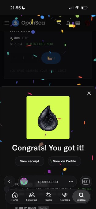 OpenSea mobile app screenshot celebrating a successful NFT purchase with the message "Congrats! You got it!" showing a black water droplet icon on a green background with confetti effects.