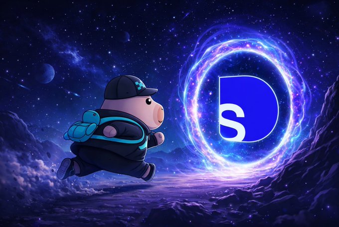 The image features a cartoon character running through space with a backpack while holding a blue bird. The background shows a purple sky filled with stars, creating an otherworldly atmosphere. The caption for the image reads "What stands out about @DustswapOnBase is that it doesn't treat user activity as isolated transactions. Most onchain products focus on completing a swap, bridge, or claim, then the journey ends. DustSwap adds a layer of progression on top of those actions, giving users".