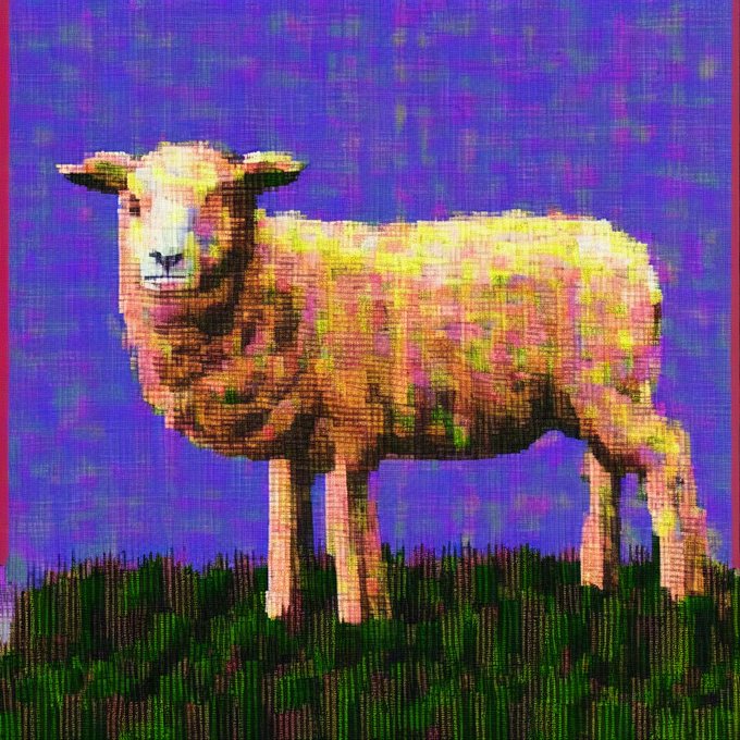 A pixelated, textured digital painting of a yellow and white sheep standing on green grass against a vibrant purple background, with a red border.