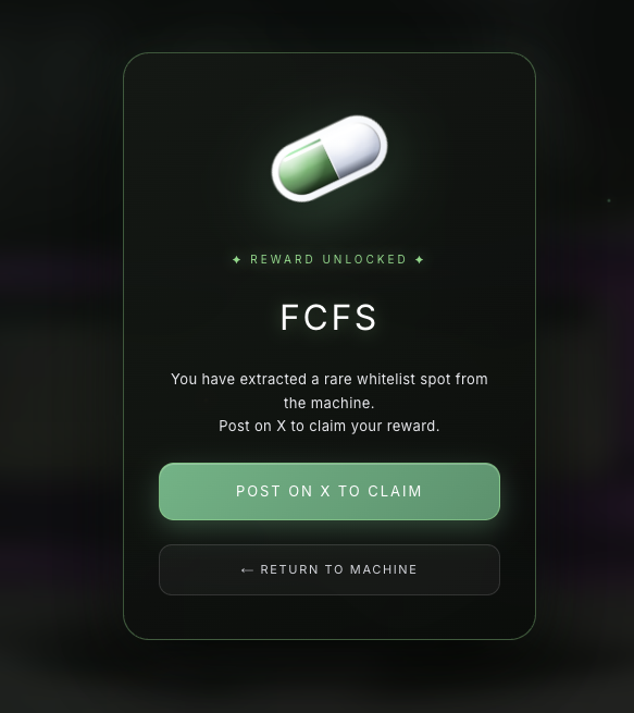 The image shows a "Reward Unlocked" notification screen displaying "FCFS" (First Come First Served) with a green pill icon, announcing that a rare whitelist spot has been extracted from a machine, with buttons to "Post on X to Claim" or "Return to Machine." This aligns with the accompanying post about Robinhood's NFT project, where players can quickly earn FCFS whitelist spots after entering a referral code (BLNK-B666CB).