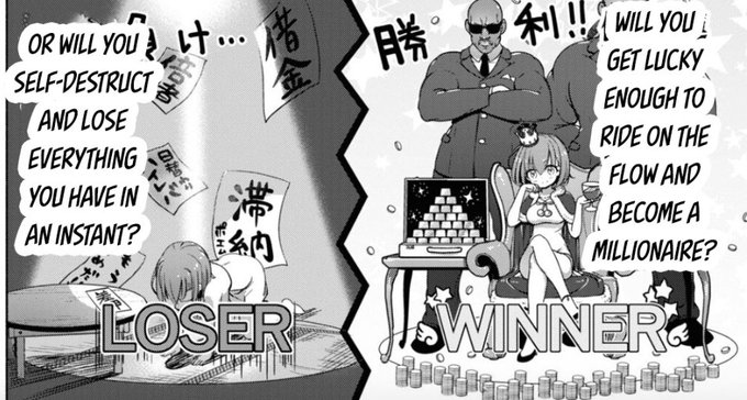 The image is a two-panel meme showing a contrast between "LOSER" (a person crying amid scattered Japanese gambling slips) and "WINNER" (a person lounging with stacks of coins and a pyramid), with text asking whether the viewer will "self-destruct and lose everything" or "get lucky enough to become a millionaire." It contrasts the high-risk, all-or-nothing nature of papertrading with the potential for massive gains, highlighting the launch timing and opportunity around the 14:00 UTC rollout on 10.10.2026.