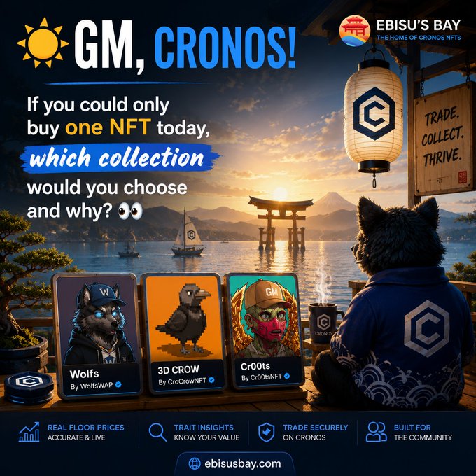 A promotional graphic for 'Ebisu's Bay' NFT marketplace on Cronos blockchain, asking 'If you could only buy one NFT today, which collection would you choose and why?' featuring NFT cards for Wolfs, 3D CROW, and Cr00ts.