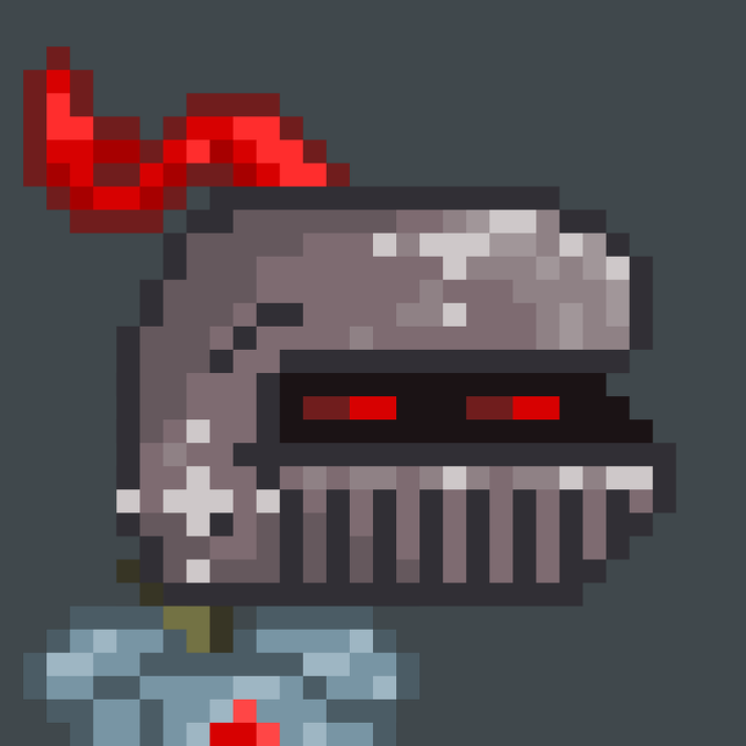 A pixel art illustration of a knight's helmet with a roaring red plume, glowing red eyes, and a metal visor, mounted on a small blue base.