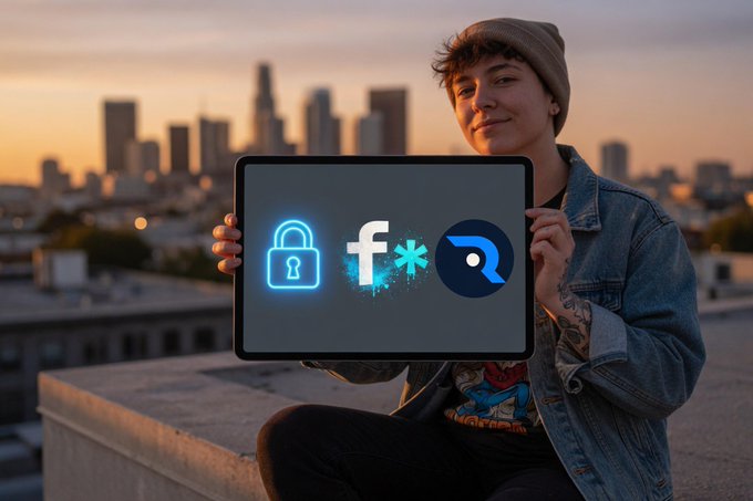 iced coffee with a blue lid, holding a tablet displaying "FACE" and "F*%#", with a city skyline backdrop.