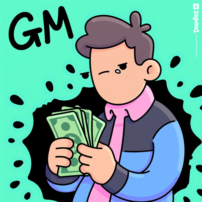 The image features a cartoon man wearing a blue shirt, holding money in his hands. The text "gm" appears multiple times throughout the scene, suggesting that this could be an advertisement or promotional material for GM.