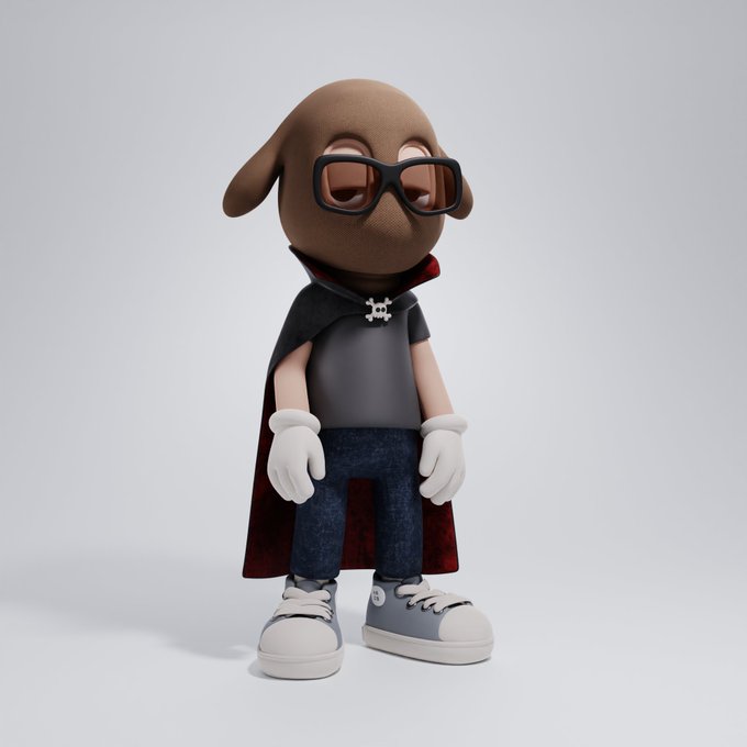 3D-rendered cartoon character with a brown dog-like head wearing black sunglasses, a black cape with a skull emblem, white gloves, jeans, and sneakers.