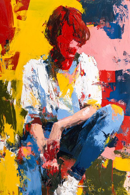 Expressionist oil painting of a seated person in a white shirt and blue jeans against a bold yellow, red, blue, and pink background.