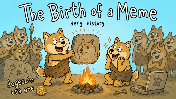 A cartoon titled 'The Birth of a Meme: very history' depicting doge-like characters around a campfire, with text 'dogecoin era one' and a dogecoin logo, showing a doge face carved in stone.