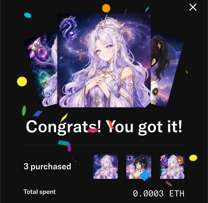 A digital card collection interface displays 'Congrats! You got it!' over an anime-style character with silver hair, showing '3 purchased' and 'Total spent 0.0003 ETH'.