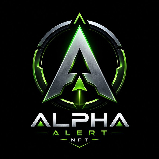 A glossy metallic logo featuring a stylized 'A' with an arrow at its apex, surrounded by green-glowing circular elements, with the text 'ALPHA ALERT NFT' displayed below.