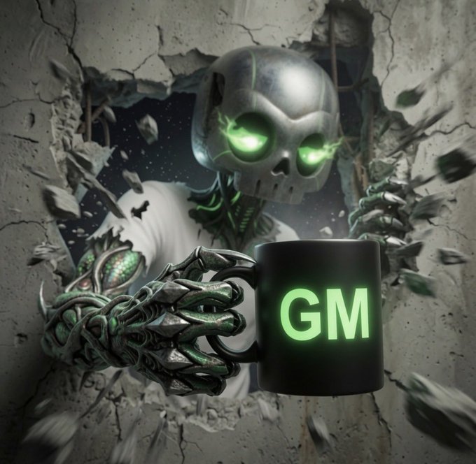 A digital artwork of a cyborg or skeletal figure with glowing green eyes bursting through a cracked wall, holding out a black mug with green "GM" text (Good Morning).