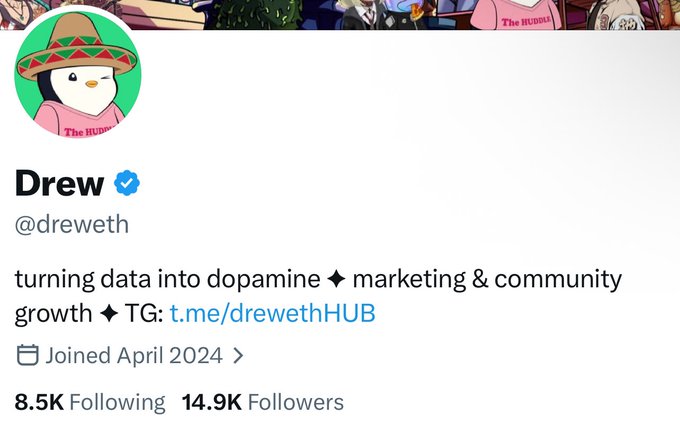 A Twitter/X profile for "Drew" (@dreweth) with the bio "turning data into dopamine ◆ marketing & community growth" showing 14.9K followers, humorously reflecting the post's lament about follower counts dropping just below the 15K milestone.