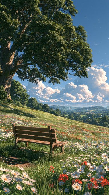 An AI-generated landscape shows a wooden bench in a meadow of daisies and poppies, beneath a large tree overlooking distant hills under a partly cloudy sky.