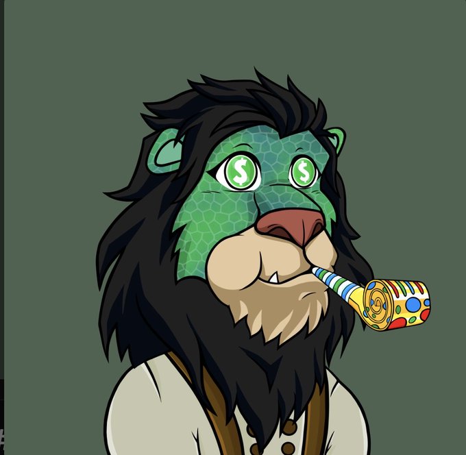 A digital illustration depicts a cartoon lion character with a green reptilian mask featuring dollar signs in the eyes, smoking from a colorful patterned pipe against a dark green background.