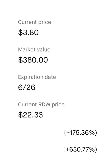 The image shows a screenshot of a spreadsheet with columns for current RDW price, market value, and expiration date. The column labeled "Current RDW Price" displays the current price of RDW, while the other two columns show the market value and expiration date. The text in the image reads "Had the thesis on $RDW early. Starter position only." This message suggests that the post is related to a discussion about RDW prices or an analysis of RDW data.