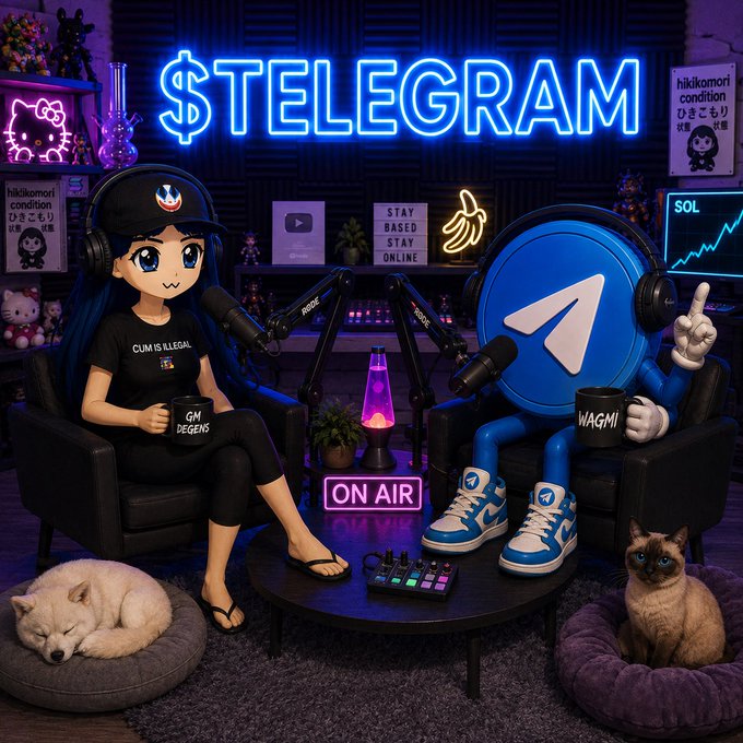 A neon-lit podcast studio featuring a chibi anime girl and a Telegram logo character (labeled "WAGMI") seated with microphones, mugs, and a "ON AIR" sign beneath a glowing "$TELEGRAM" sign, promoting the announcement of Telegram's new CTO reveal on Thursday at 7pm EST.