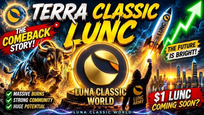 The image is a vibrant promotional graphic titled "TERRA CLASSIC LUNC" featuring a charging bull, a rocket labeled "LUNC" launching toward a green upward arrow, and the Terra Classic logo, with text highlighting "THE COMEBACK STORY!" "THE FUTURE IS BRIGHT!" "MASSIVE BURNS," "STRONG COMMUNITY," and "$1 LUNC COMING SOON?" alongside "LUNA CLASSIC WORLD." It visually echoes the post's themes of rebuilding, long-term potential, and the unified LUNC Army rallying toward the ambitious $1 price target.