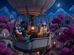 An animated illustration showing two characters sitting in the basket of a hot air balloon flying over a village with pink-blossomed trees at night under a crescent moon.