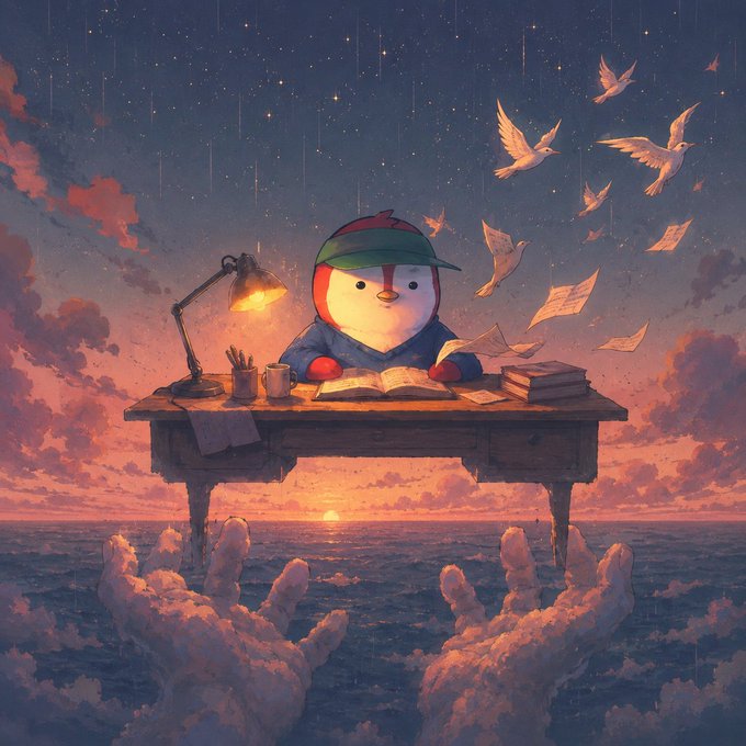 iced coffee on a desk, surrounded by books and papers, with a penguin reading at the end of the table under a starry sky.