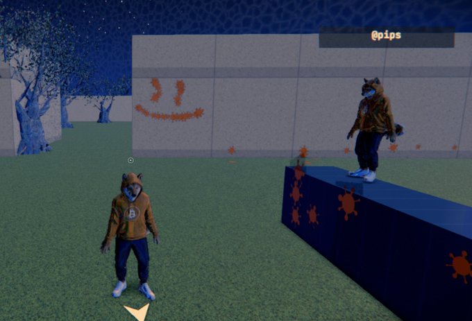 A video game screenshot showing two anthropomorphic dog characters in orange jackets on a grassy field at night, with a smiley face spray-painted on a wall and the username '@pips' visible.