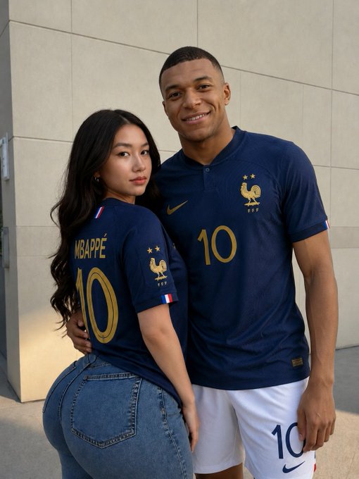 A young couple poses for a photo while wearing matching dark blue France national team Mbappé #10 jerseys, with the woman facing away and the man smiling at the camera.