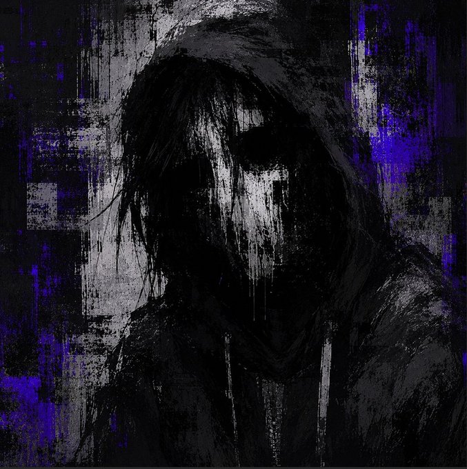 A dark, abstract digital painting of a hooded figure with a hidden face, rendered in black and grey with striking purple digital glitches.