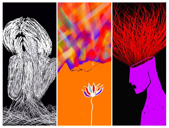 A triptych of three vertical panels showing artistic illustrations: a sketchy black-and-white figure on the left, a colorful abstract profile with a flower in the center, and a magenta profile with red spiky hair on the right.