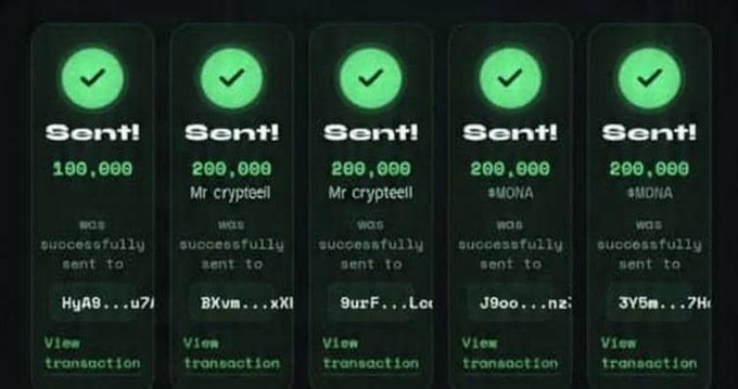 Five cryptocurrency transaction confirmation notifications, four for 200,000 (to Mr crypteel and addresses) and one for 100,000 (to HyA9...u7), all marked as 'Sent!'.