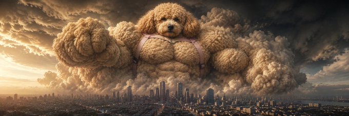 A giant poodle wearing a harness floats like a cloud of fluff above a city skyline at sunset, evoking the colossal, balloon-like nature of the $COCO Robinhood dog meme coin. The towering dog silhouette against the stormy sky mirrors the post's theme of a once-explosive but now stabilizing token hovering around the $1M mark after its initial hype.