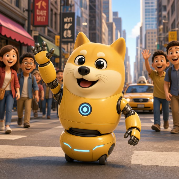 A 3D illustration of a yellow, robotic cat-like character waving cheerfully on a bustling city street, surrounded by smiling pedestrians and a yellow taxi.