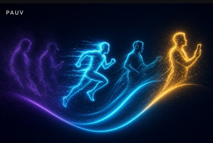 A digital artwork labeled 'PAUV' showing five glowing, ethereal human figures in various running and standing poses transitioning through purple, blue, and orange hues.