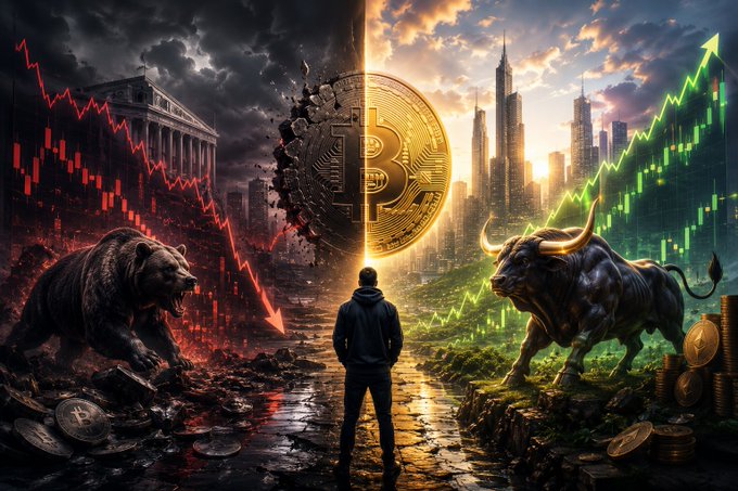 The image depicts a dramatic market split scene featuring a figure standing at a crossroads between a bear on the left amid falling red charts and crumbling structures, and a bull on the right against rising green charts and a city skyline, with a large Bitcoin coin centered between them—symbolizing the bearish Citi price target cuts for $BTC ($112k to $82k) and $ETH ($3,175 to $2,240) alongside $3.3B in Bitcoin ETF outflows weighing on Q3 market sentiment.