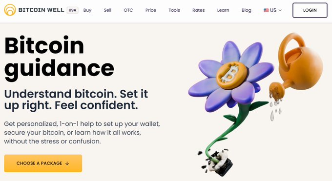 A screenshot from Bitcoin Well's website advertising "Bitcoin guidance" services, featuring a tagline "Understand bitcoin. Set it up right. Feel confident." alongside a 3D illustration of a watering can and flower.