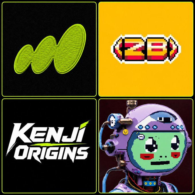 A four-panel collage with yellow borders, featuring a green logo on black, a pixel-art '128' badge on yellow, the text 'KENJI ORIGINS' on black, and a purple pixel-art robotic character.